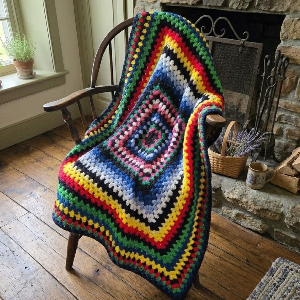 Vintage Handmade Crochet Granny Square Rainbow Afghan Throw Blanket 36x36 Boho